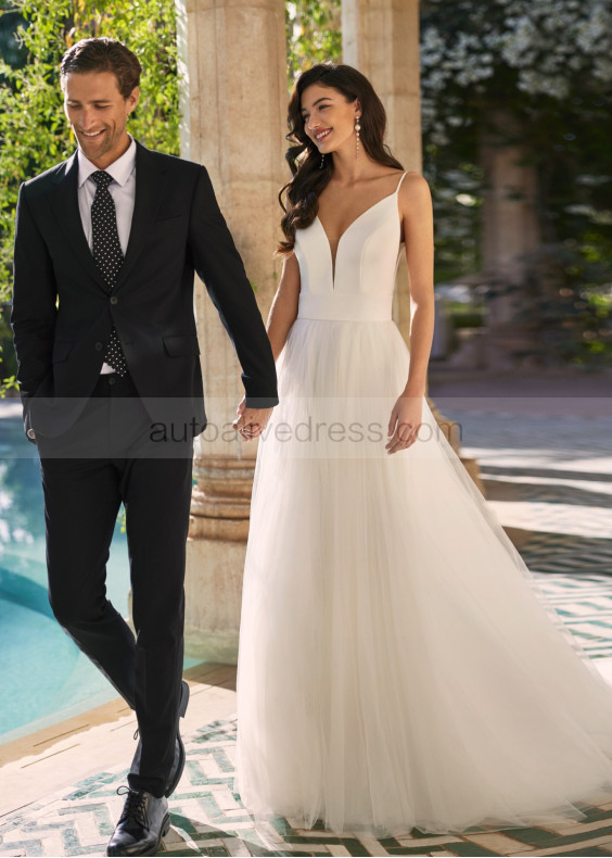 V Neck Ivory Satin Tulle Classic Wedding Dress